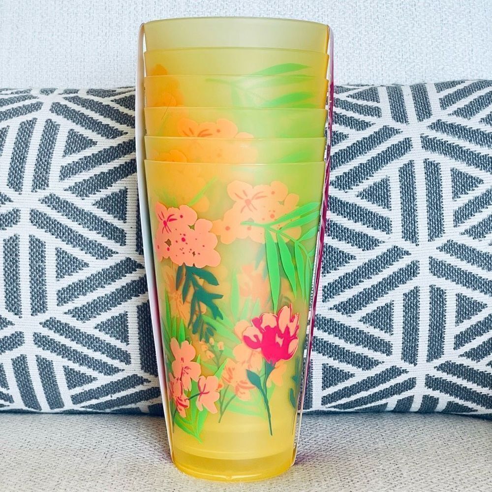 NWT Catherine Malandrino Set 6 32oz Frosted Yellow Pink Floral Plastic Clear Cup